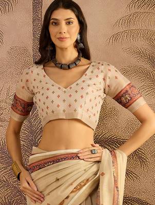 Beige silk blend cotton printed saree with unstitched blouse piece 4