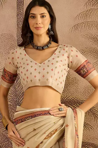 Beige silk blend cotton printed saree with unstitched blouse piece