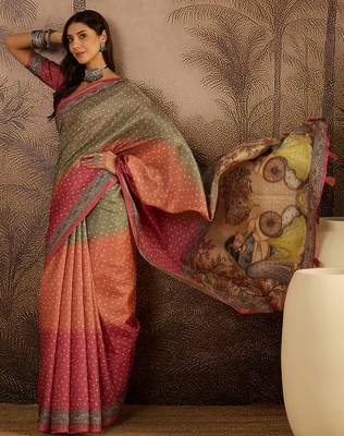 Multi color tussar silk blend bandhni saree with unstitched blouse piece 1