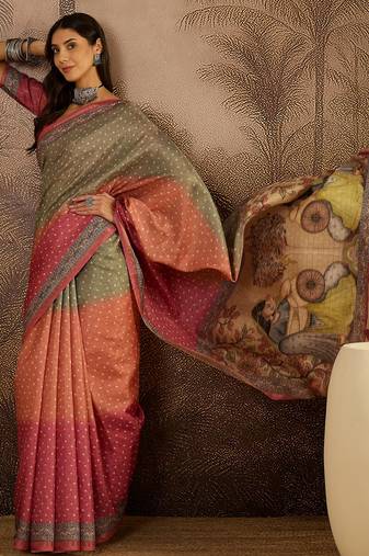 Multi color tussar silk bandhni saree with unstitched blouse piece
