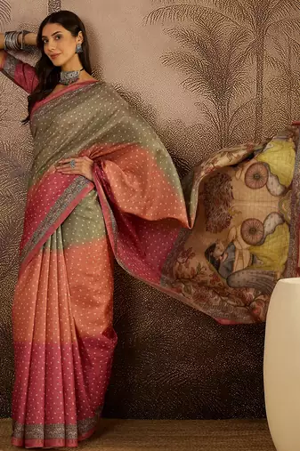 Multi color tussar silk bandhni saree with unstitched blouse piece