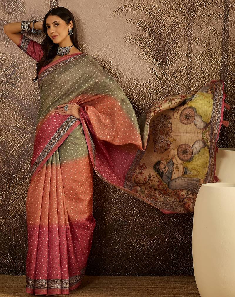 Multi color tussar silk bandhni saree with unstitched blouse piece