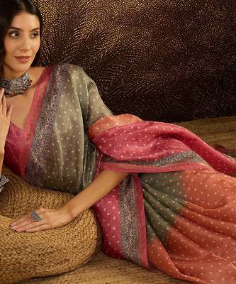 Multi color tussar silk blend bandhni saree with unstitched blouse piece 2