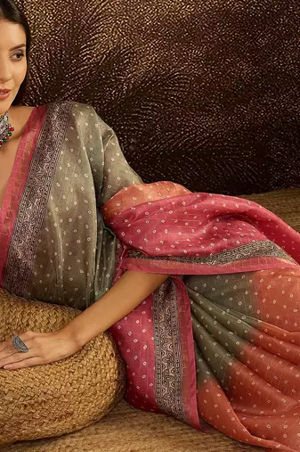 Multi color tussar silk blend bandhni saree with unstitched blouse piece