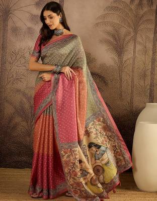 Multi color tussar silk blend bandhni saree with unstitched blouse piece 3