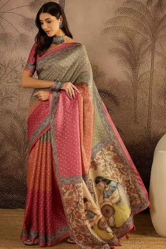 Multi color tussar silk blend bandhni saree with unstitched blouse piece