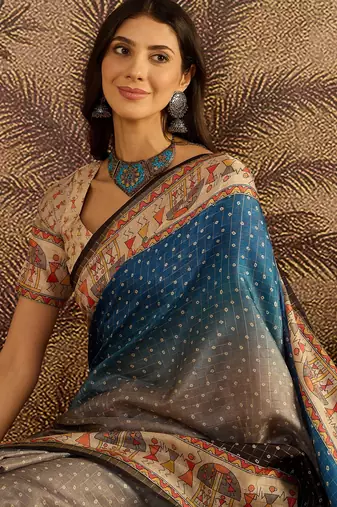 Multi color tussar silk blend bandhni saree with unstitched blouse piece