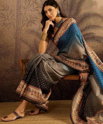 Multi color tussar silk blend bandhni saree with unstitched blouse piece 3