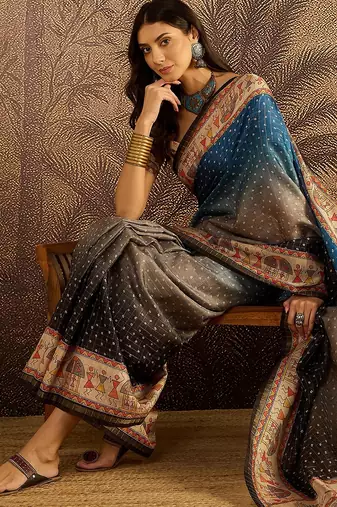 Multi color tussar silk blend bandhni saree with unstitched blouse piece