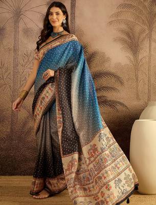Multi color tussar silk blend bandhni saree with unstitched blouse piece 1