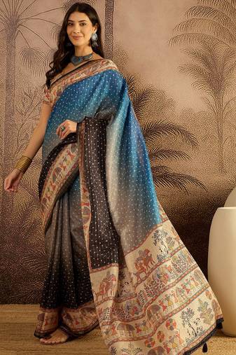 Multi color tussar silk bandhni saree with unstitched blouse piece