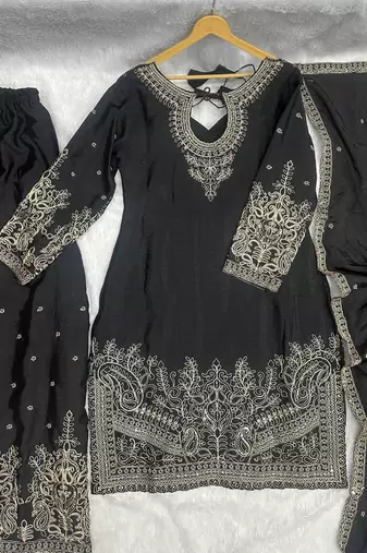 Black Embroidered Chinon Palazzo Suit