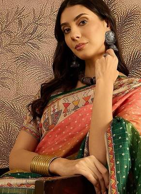 Multi color tussar silk blend bandhni saree with unstitched blouse piece 2