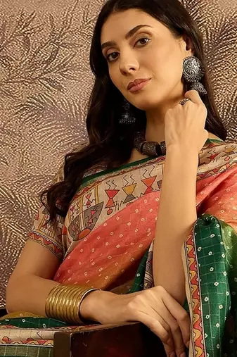 Multi color tussar silk blend bandhni saree with unstitched blouse piece