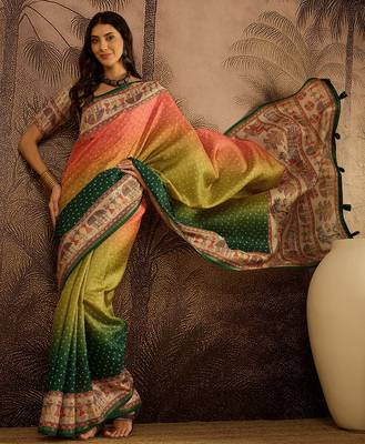 Multi color tussar silk blend bandhni saree with unstitched blouse piece 1