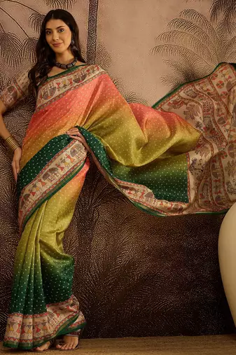 Multi color tussar silk bandhni saree with unstitched blouse piece
