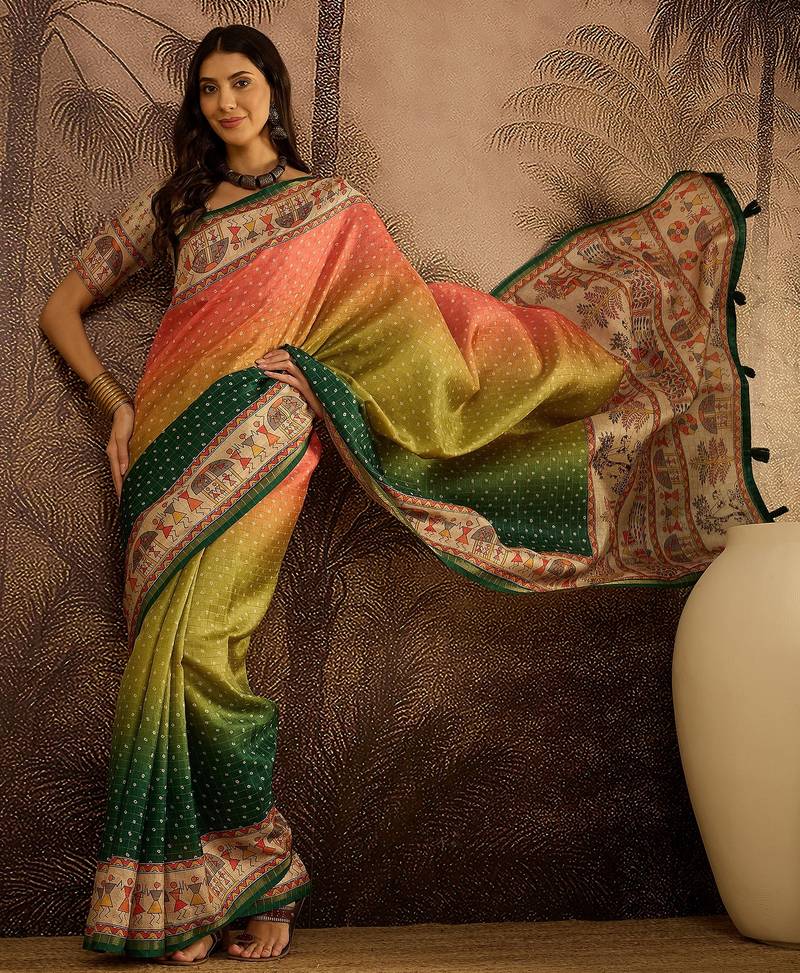 Multi color tussar silk bandhni saree with unstitched blouse piece