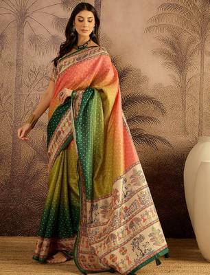 Multi color tussar silk blend bandhni saree with unstitched blouse piece 3