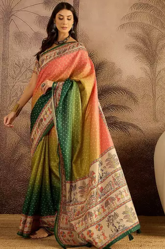 Multi color tussar silk blend bandhni saree with unstitched blouse piece