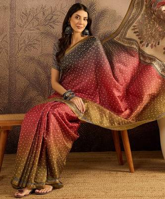 Multi color tussar silk blend bandhni saree with unstitched blouse piece 2