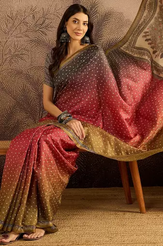 Multi color tussar silk blend bandhni saree with unstitched blouse piece
