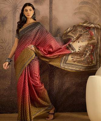 Multi color tussar silk blend bandhni saree with unstitched blouse piece 3