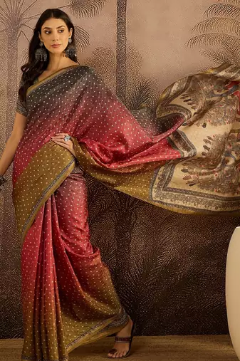 Multi color tussar silk blend bandhni saree with unstitched blouse piece