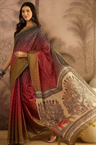 Multi color tussar silk bandhni saree with unstitched blouse piece