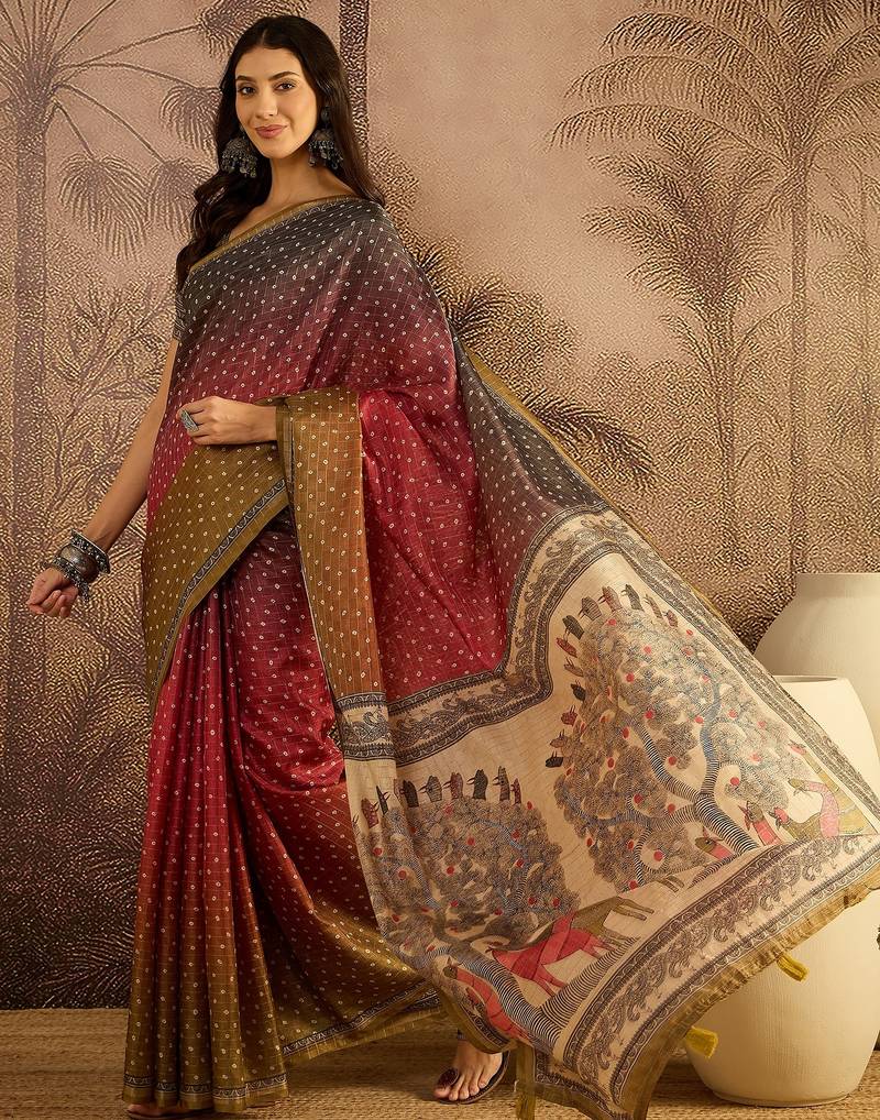 Multi color tussar silk bandhni saree with unstitched blouse piece
