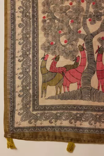 Multi color tussar silk blend bandhni saree with unstitched blouse piece