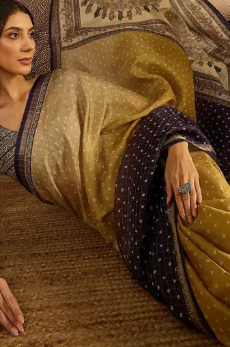 Multi color tussar silk blend bandhni saree with unstitched blouse piece