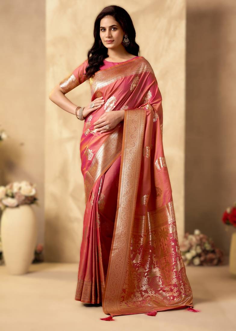 Pink rich pallu silk saree with zhallar border     a masterpiece of tradition & elegance