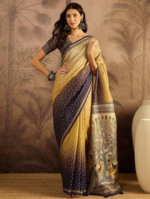 Multi color tussar silk blend bandhni saree with unstitched blouse piece 1