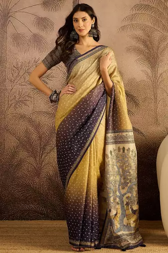 Multi color tussar silk bandhni saree with unstitched blouse piece