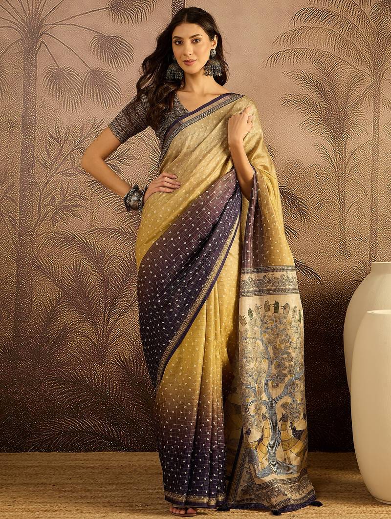 Multi color tussar silk bandhni saree with unstitched blouse piece