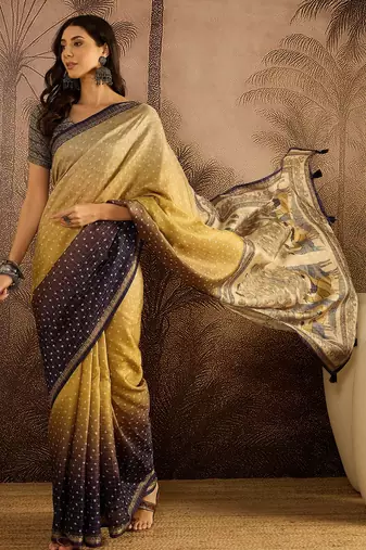 Multi color tussar silk blend bandhni saree with unstitched blouse piece