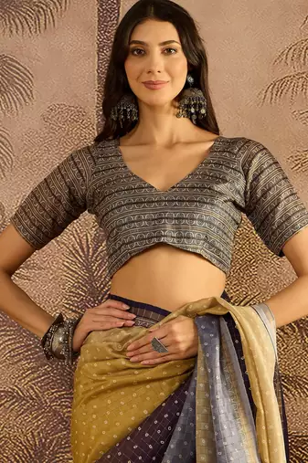 Multi color tussar silk blend bandhni saree with unstitched blouse piece