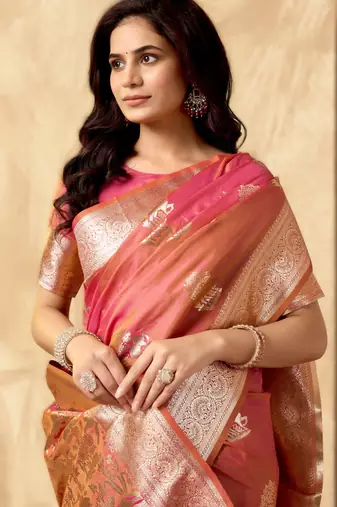 Pink rich pallu silk blend saree with zhallar border  a masterpiece of tradition & elegance