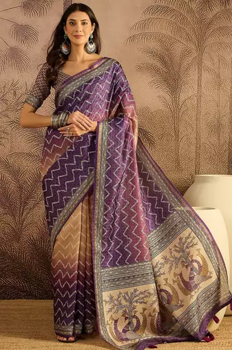 Multi color tussar silk blend bandhni saree with unstitched blouse piece