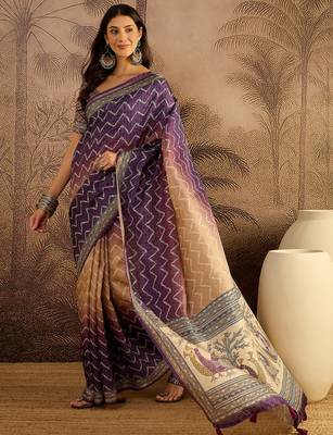 Multi color tussar silk blend bandhni saree with unstitched blouse piece 3