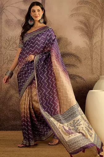 Multi color tussar silk blend bandhni saree with unstitched blouse piece