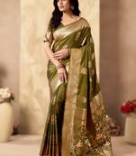 Mehendi rich pallu silk saree with zhallar border     a masterpiece of tradition & elegance