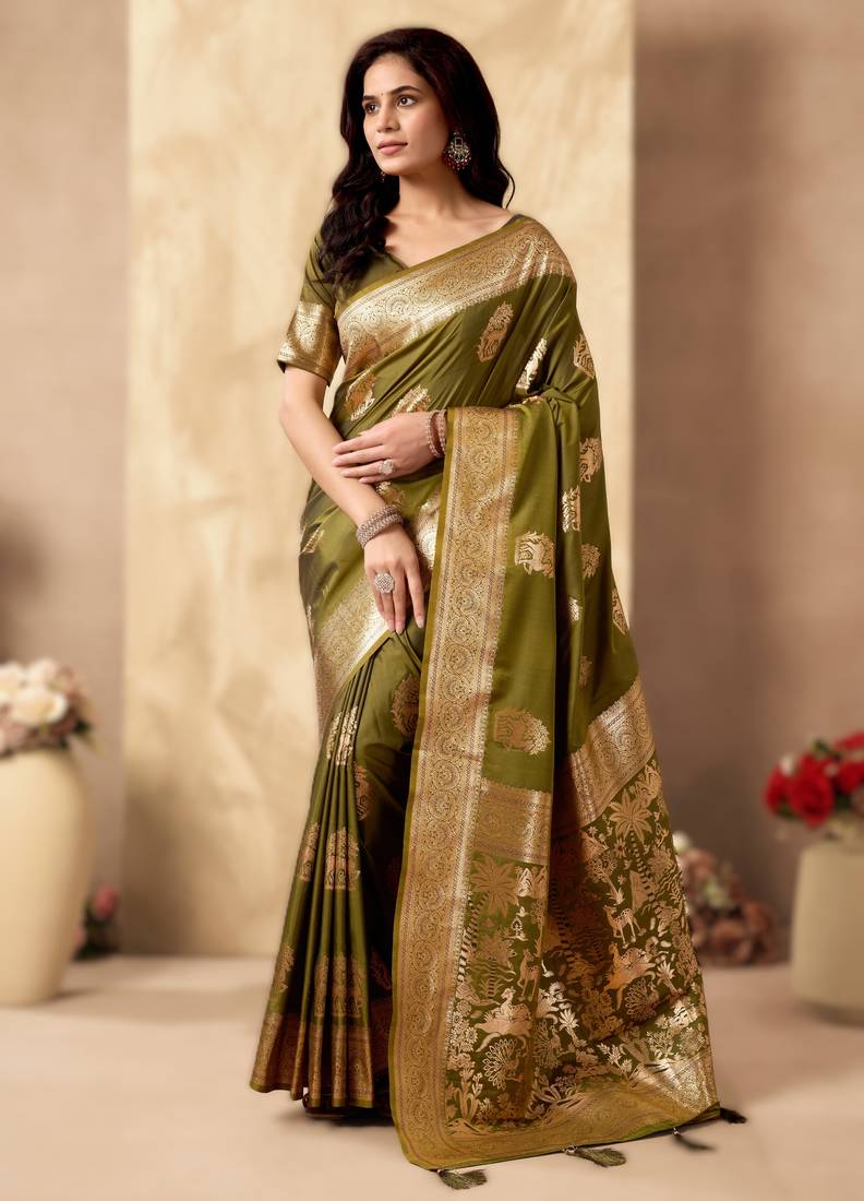 Mehendi rich pallu silk saree with zhallar border     a masterpiece of tradition & elegance