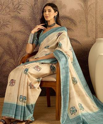 Beige tussar silk blend printed saree with unstitched blouse piece 2