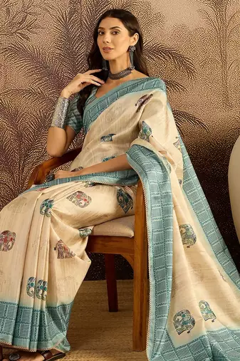 Beige tussar silk blend printed saree with unstitched blouse piece