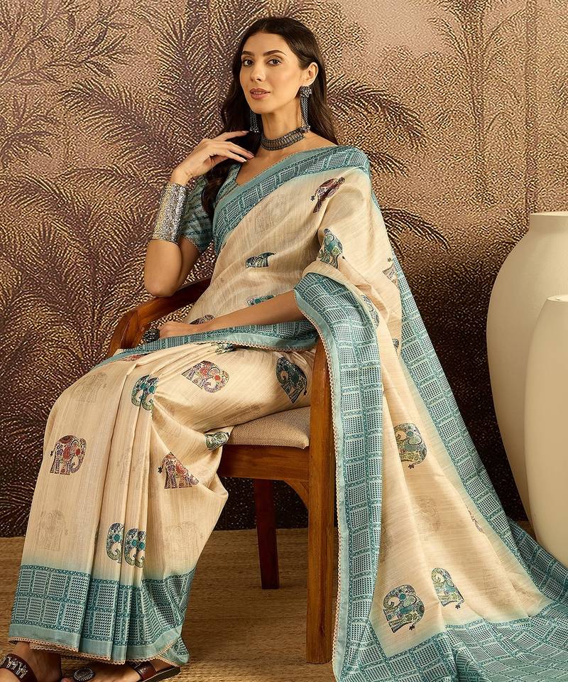 Beige tussar silk printed saree with unstitched blouse piece