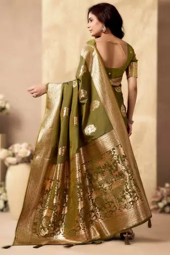 Mehendi rich pallu silk blend saree with zhallar border  a masterpiece of tradition & elegance