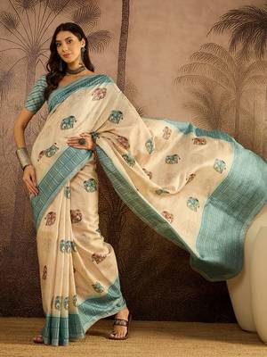 Beige tussar silk blend printed saree with unstitched blouse piece 3