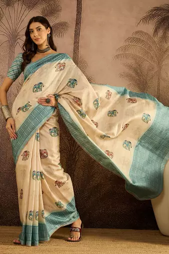 Beige tussar silk blend printed saree with unstitched blouse piece