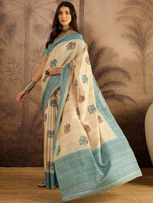 Beige tussar silk blend printed saree with unstitched blouse piece 1